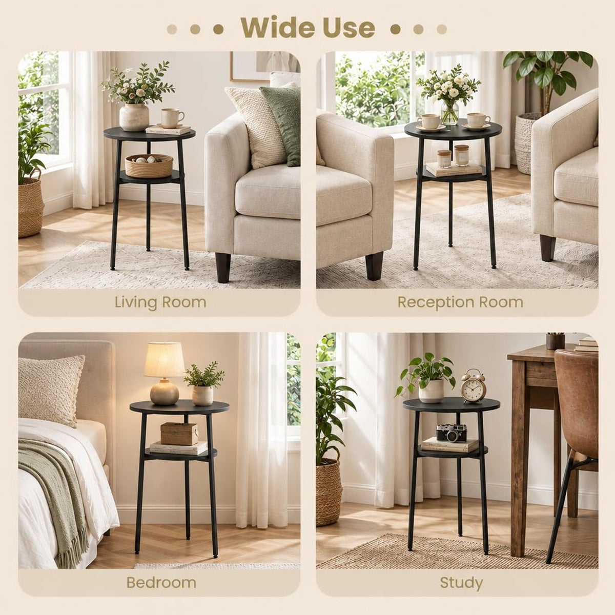 Airfind Side Table, Round, with Storage Shelf and Metal Frame for Living Room, of Tabletop 90 lbs Capacity, Engineered Wood Metal Frame, Black