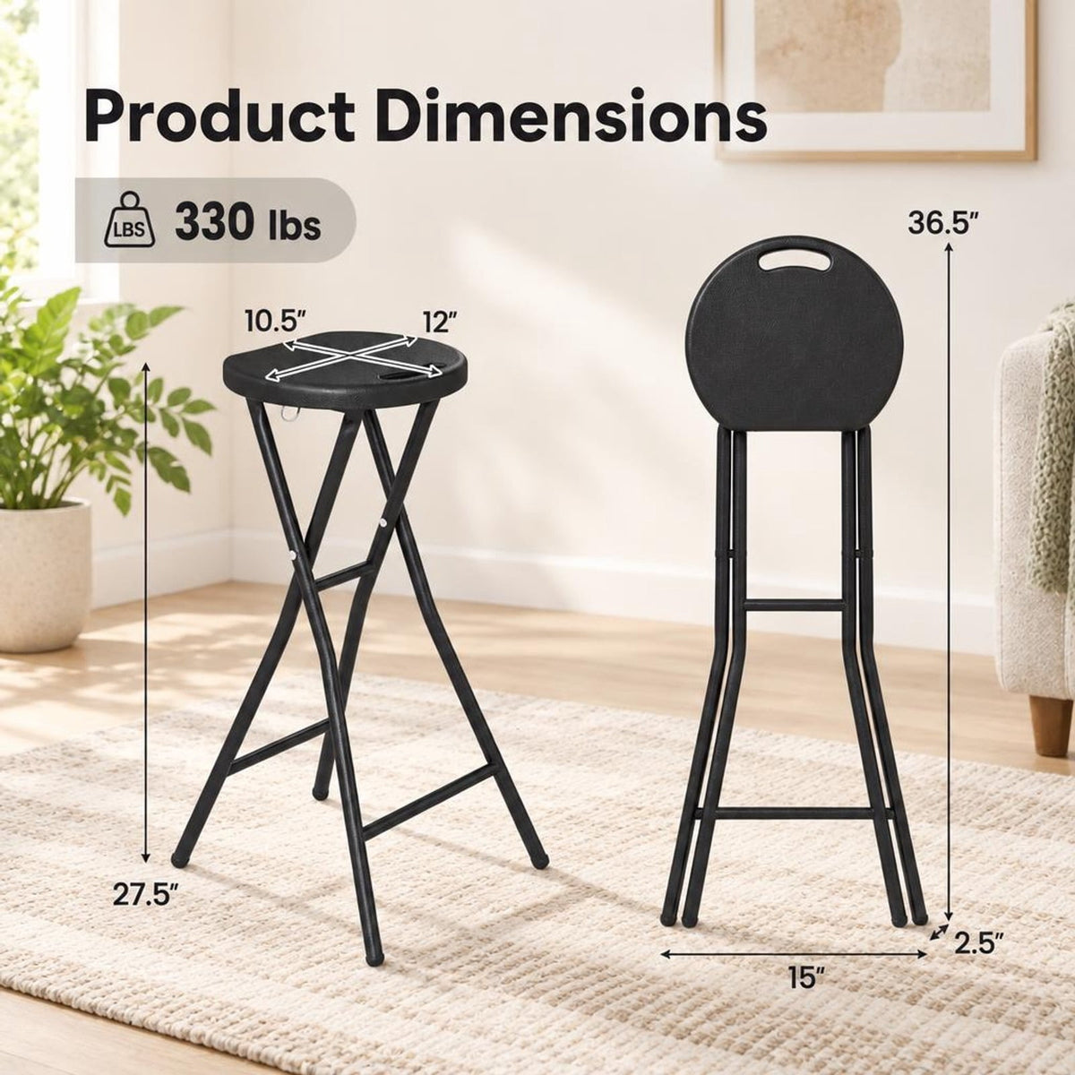 Airfind Set of 2 Folding Bar Stool 27.5in with HDPE Seat and Carry Handle for Kitchen Bar, 330 lbs Capacity, Metal HDPE Frame, Black
