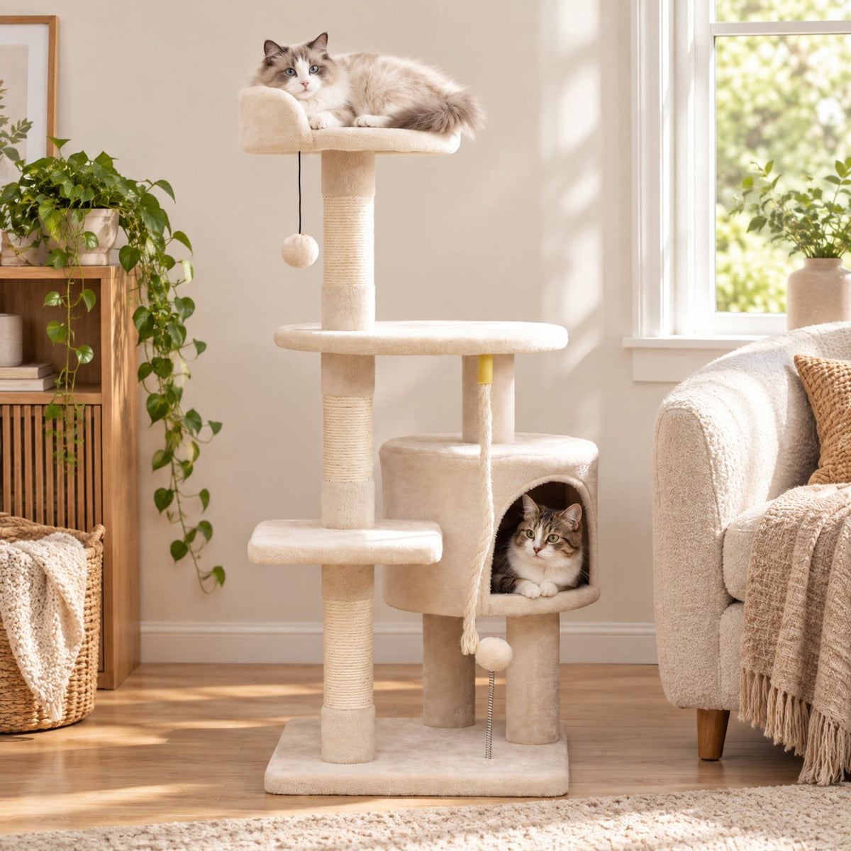 Airfind 36 Inch Tall Kitten Tower with Condo and Plush Perch, 22 Lbs Capacity, Engineered Wood Sponge Plush Fabric Sisal Base, Beige