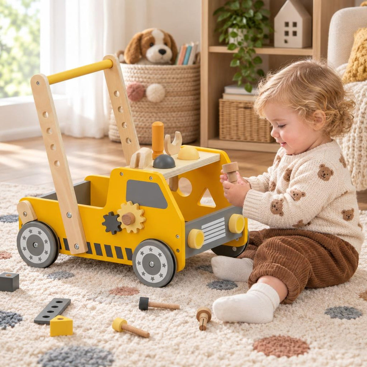Airfind 2-in-1 Wooden Baby Walker with Adjustable Speed and Bottom Storage, MDF Frame, for 3+ Years Old, 16in x 12.5in x 16.5in Footprint, Yellow