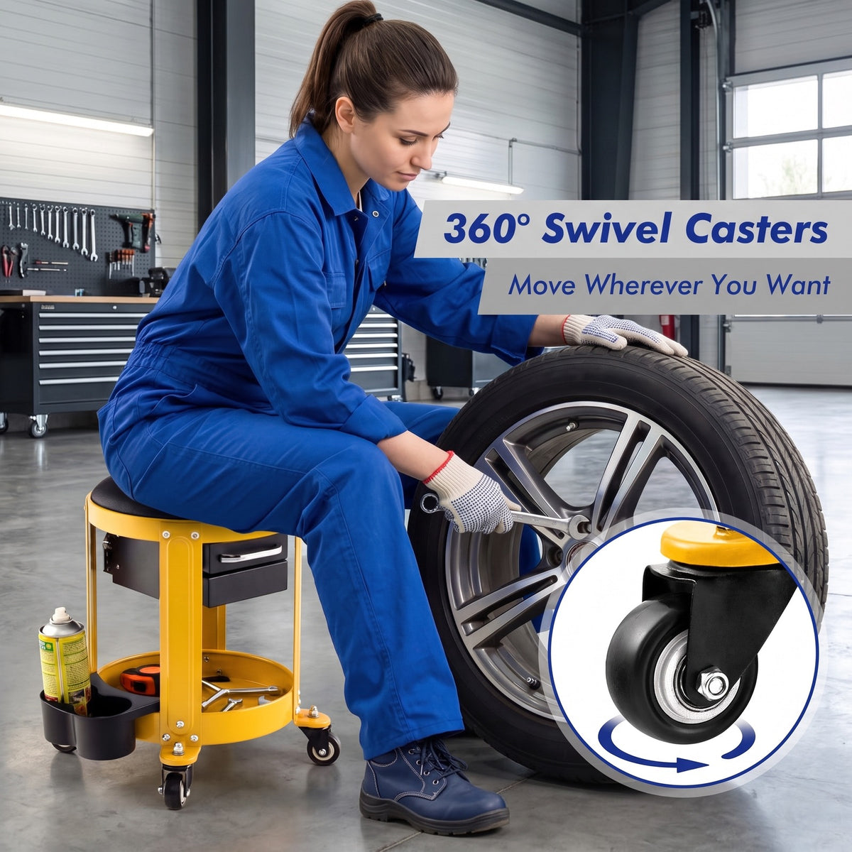 Airfind Rolling Mechanic Stool with Removable Padded Seat and Drawers, 330 lbs Weight Capacity of Tool Tray: 155 lbs Capacity, 16 x 17 Footprint