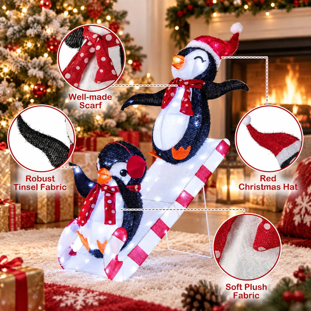 Airfind Lighted Christmas Decoration Penguins 3D Pre-Lit Penguins Slide with 170 LED Lights, Metal Frame, Multi-color