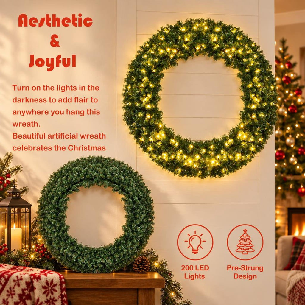 Airfind 48 Inch Pre-Lit Artificial Christmas Wreath with 200 Warm LED Lights and 714 PVC Branch Tips, Battery Operated, Green