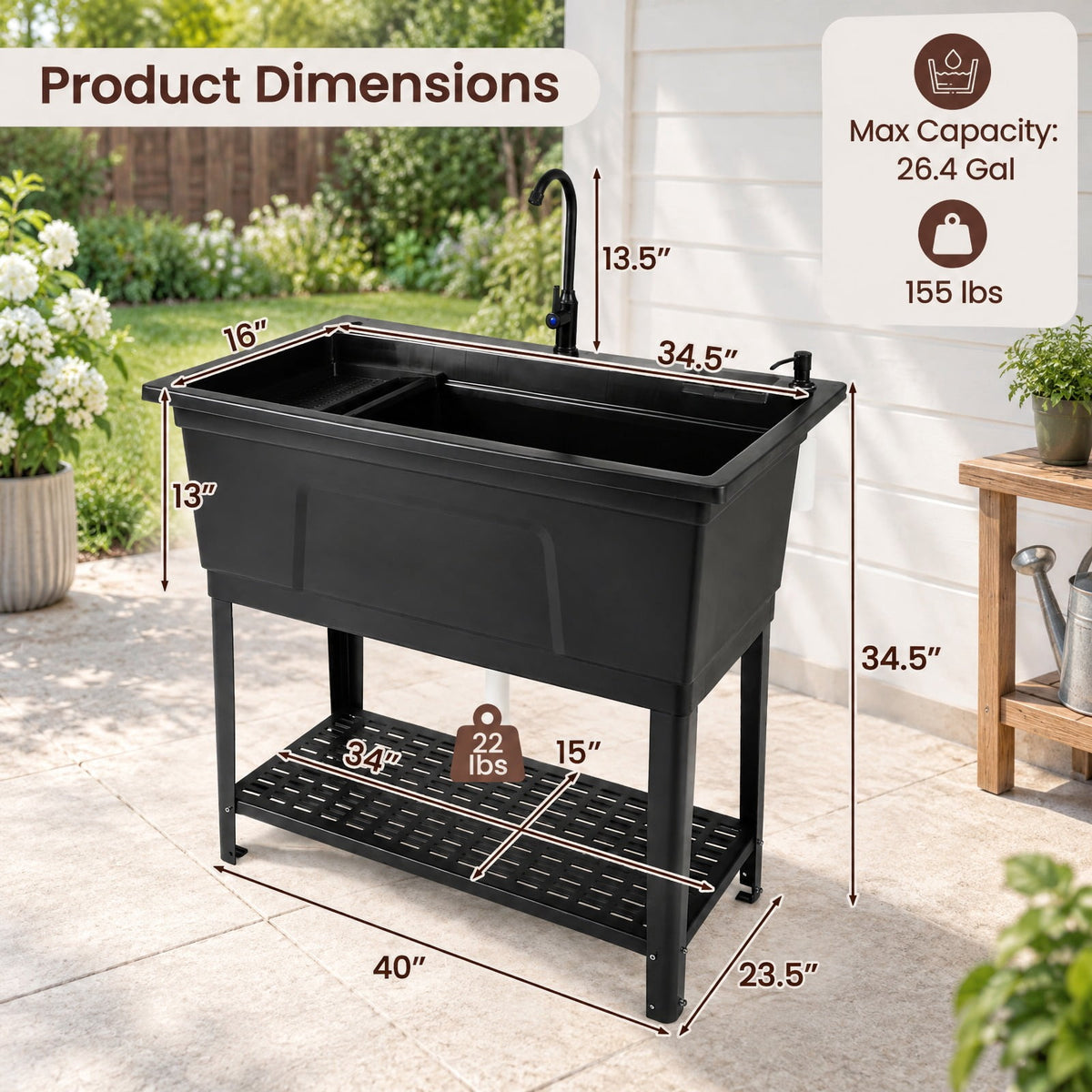 Airfind 100L Utility Sink Laundry Tub with Rotating Faucet and Storage Shelf, Sink 155 lbs Capacity, Metal ABS PP PE Stainless Steel Frame, Black