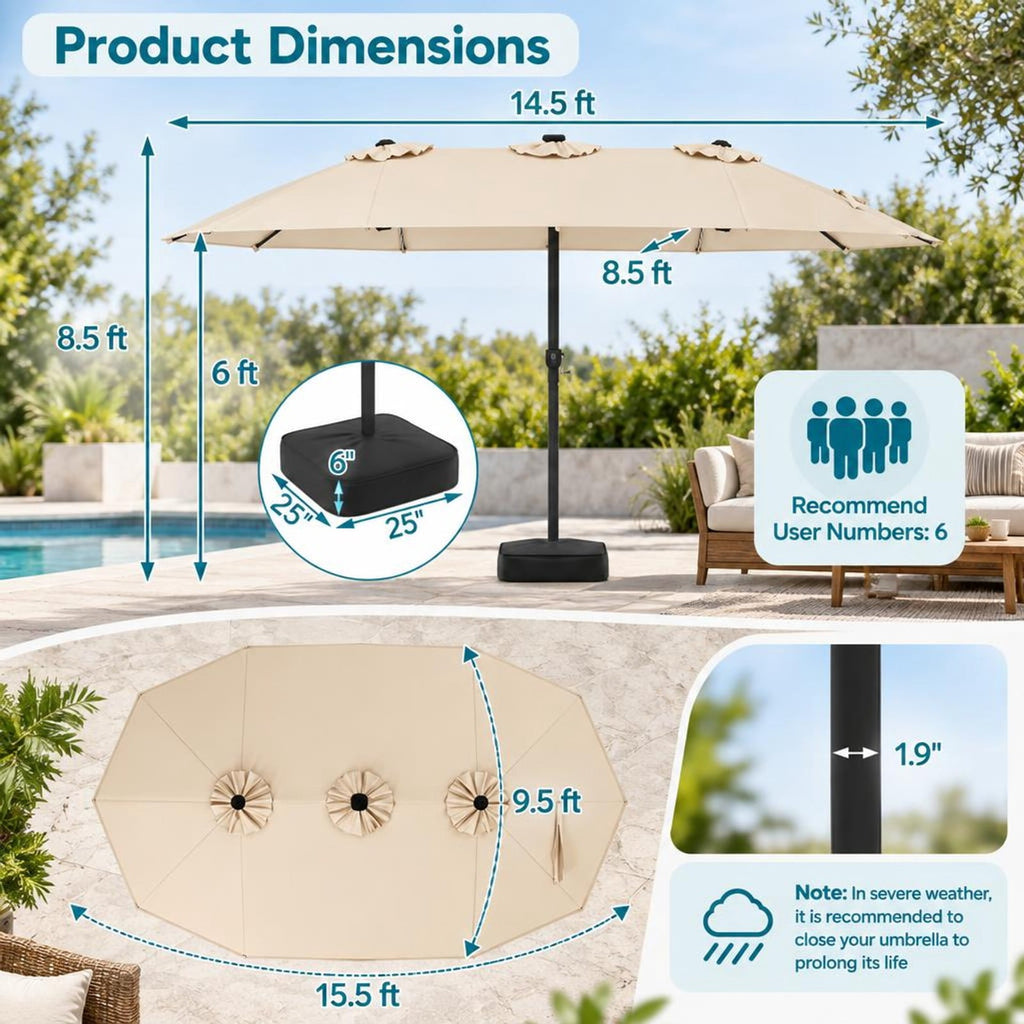 Airfind 15.5FT Extra-Large Patio Umbrella with Base 12 Reinforced Ribs, 180G Polyester Fabric Metal External Frame, Beige