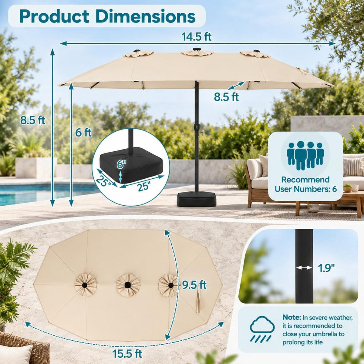Airfind 15.5FT Extra-Large Patio Umbrella with Base 12 Reinforced Ribs, 180G Polyester Fabric Metal External Frame, Beige
