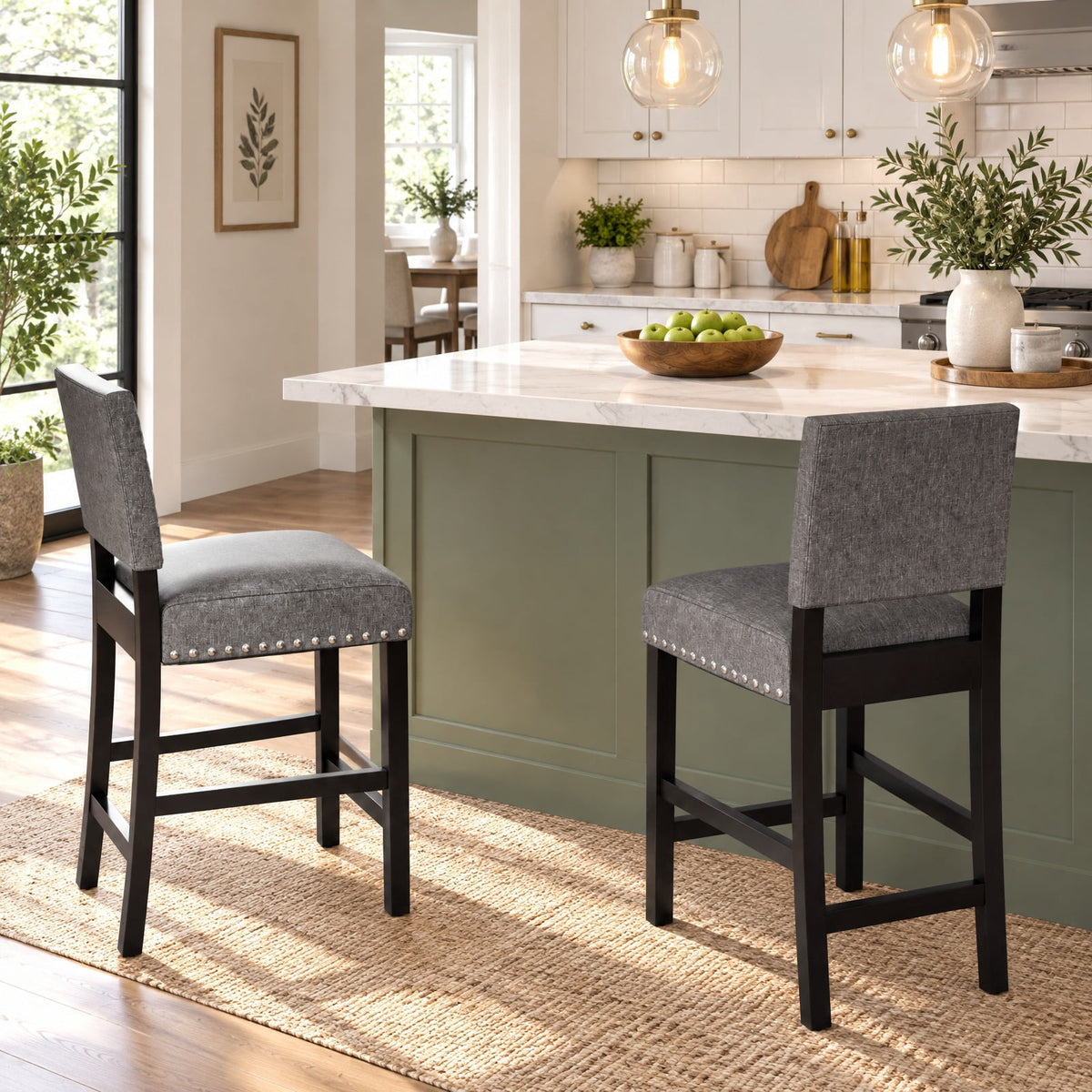 Airfind 38.5/43.5 Inch Set of 2 Counter Height Chairs with Solid Rubber Wood Frame, 330 lbs Capacity, Rubber Wood Linen Fabric Sponge Metal Frame