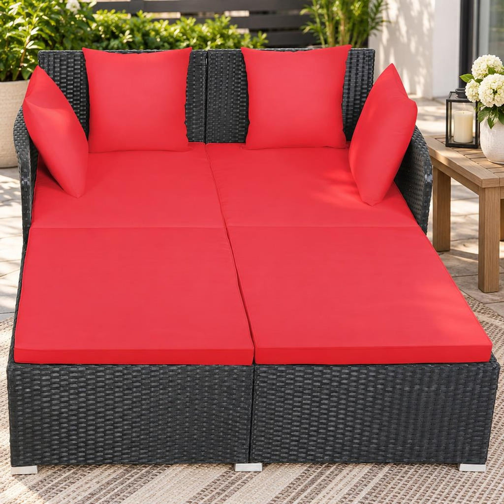 Airfind Spacious Outdoor Rattan Daybed with Upholstered Cushions and Pillows, 800 lbs Capacity, Rattan Steel Sponge Frame, Red