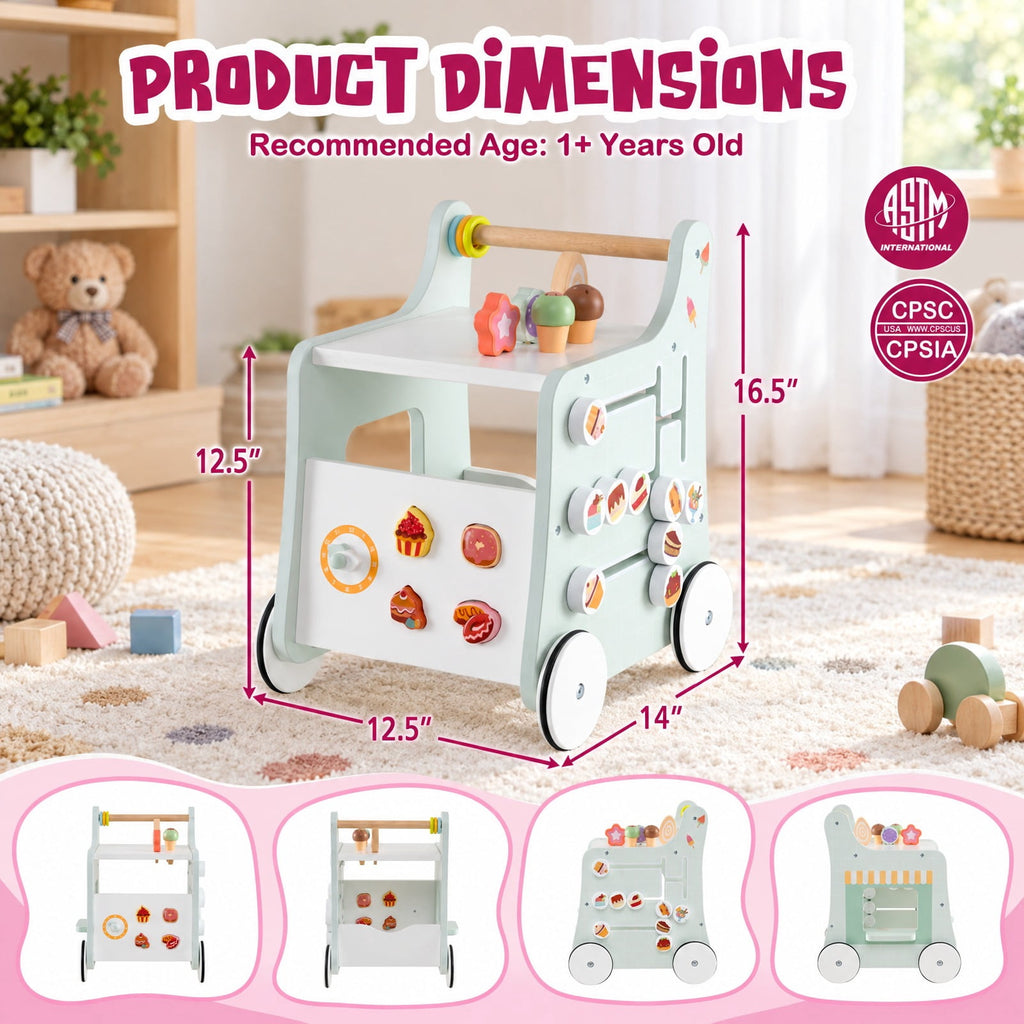 Airfind 2-in-1 Baby Walker with Storage and Ice Creams for 1+ Years Old, MDF Plywood Frame, Light Green