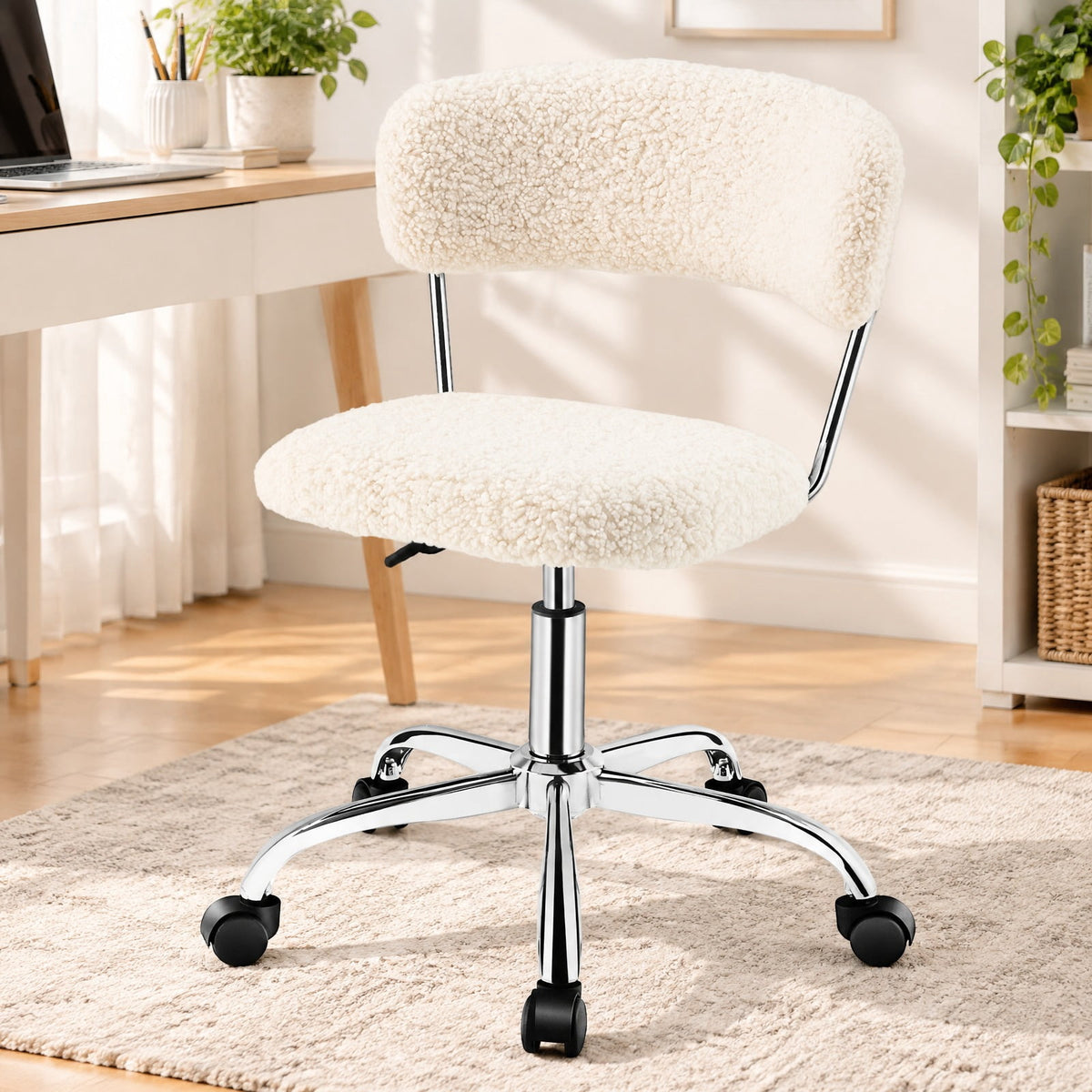 Airfind Computer Desk Chair Adjustable Sherpa Office Chair Swivel Vanity Chair, 330 lbs Capacity, Sherpa plywood sponge steel Frame, White