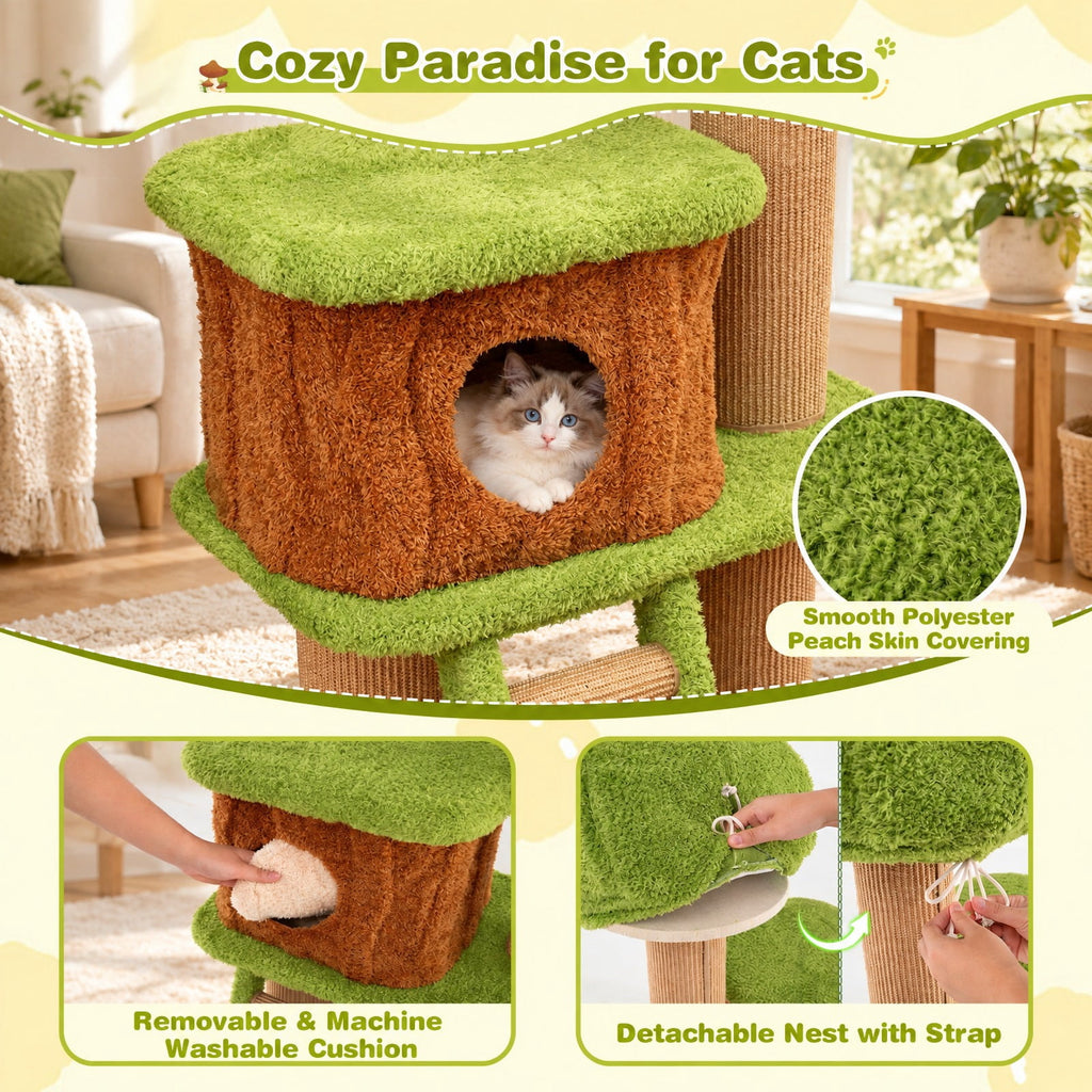 Airfind Cute Cat Tree for Indoor Cats with Mushroom-shaped Nest Condo and Climbing Ladder, 30 x 20 x 56 Cat Condo Footprint, Green