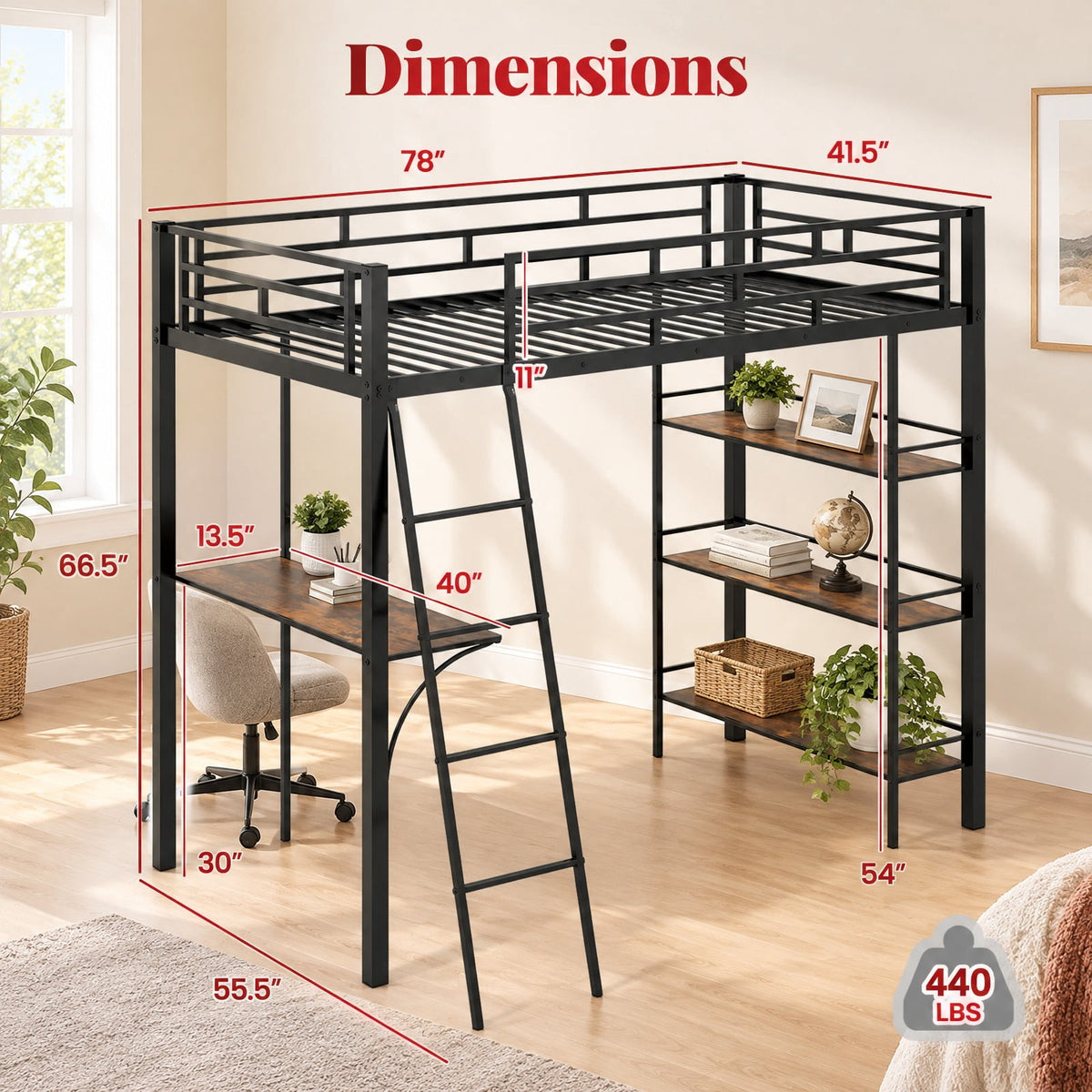 Airfind Twin Size Loft Bed with Desk and Shelves for Kids and Home, 440 lbs Capacity, Metal MDF Frame, 78 x 55.5 x 66.5 Footprint, Black