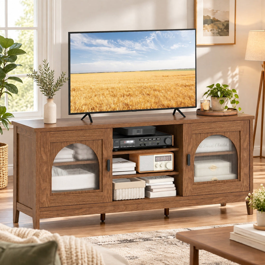 Airfind Modern Vintage TV Cabinet, with Adjustable Shelves and 2 Cable Holes for TVs up to 65 Inches, 176 lbs Capacity, Engineered Wood Frame, Walnut