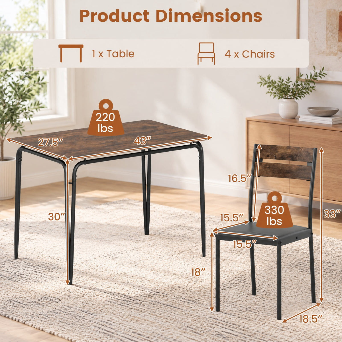 Airfind 5-Piece Dining Table Set Industrial Rectangular Kitchen Table and 4 Armless Chairs, 220 lbs Capacity, MDF Metal PU Leather Sponge Frame