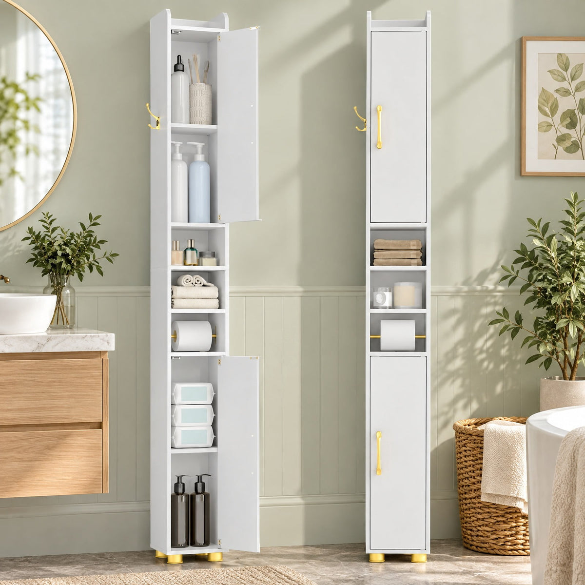 Airfind Narrow Bathroom Storage Cabinet featuring Open Shelves and Toilet Paper Holder, 11 lbs Capacity, Engineered Wood Metal Plastic Frame, White