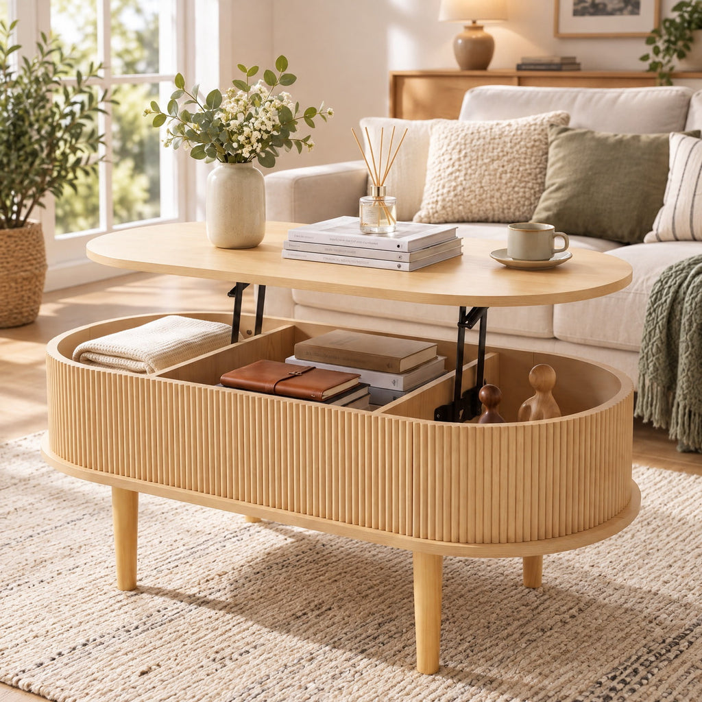 Airfind 43.5 Inch Oval Lift Top Coffee Table with Storage and Fluted Design for Living Room, 200 lbs Capacity, Engineered Wood Solid Wood Frame, Natural