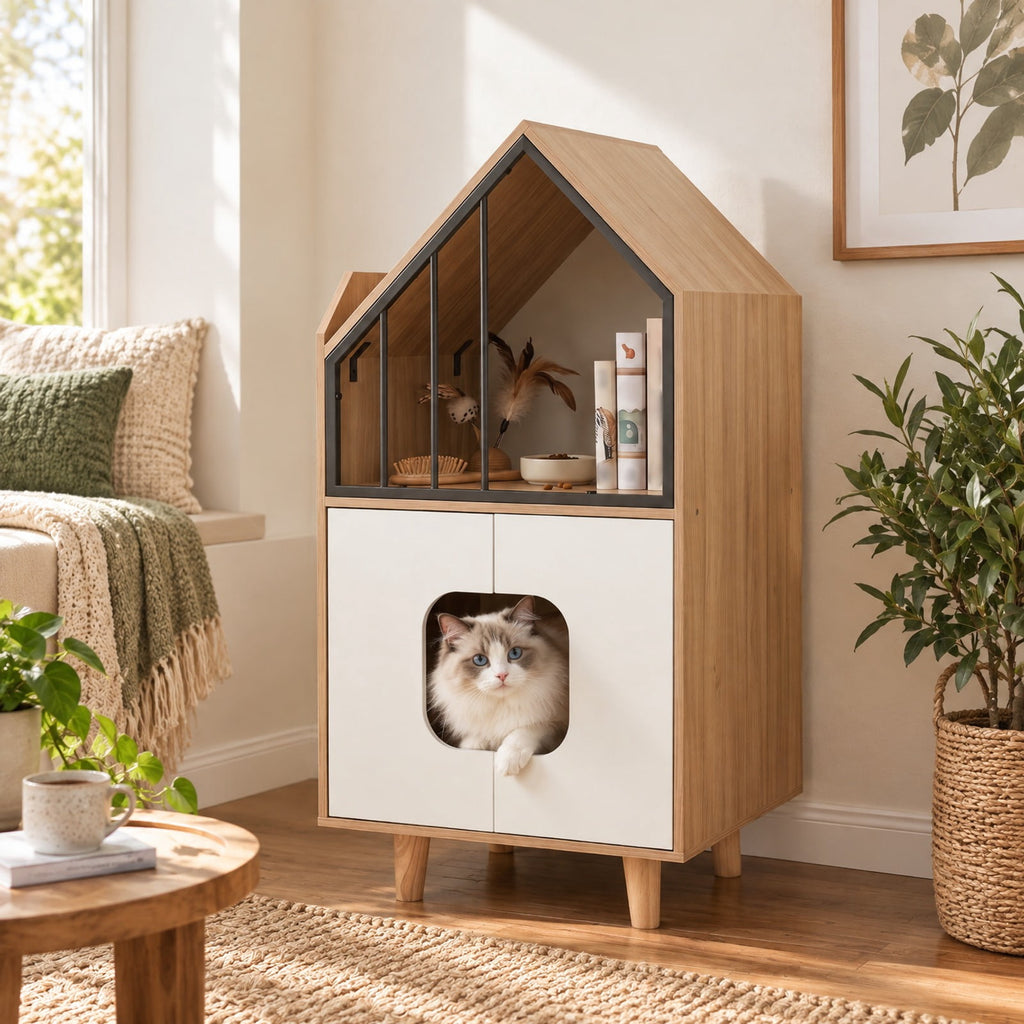Airfind Cat Litter Box Enclosure, with Shelf and 2 Doors Wooden House, 44 lbs Capacity, Engineered Wood Rubber Wood Metal Frame, Natural