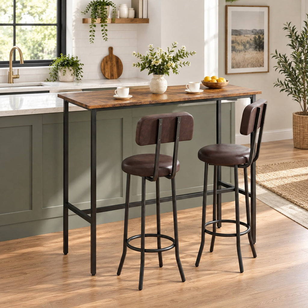 Airfind 3-Piece Industrial Bar Table Set with 2 Upholstered Stools and Footrests for Dining Room, 220 lbs Capacity, 40 × 16 × 36 Footprint, Brown