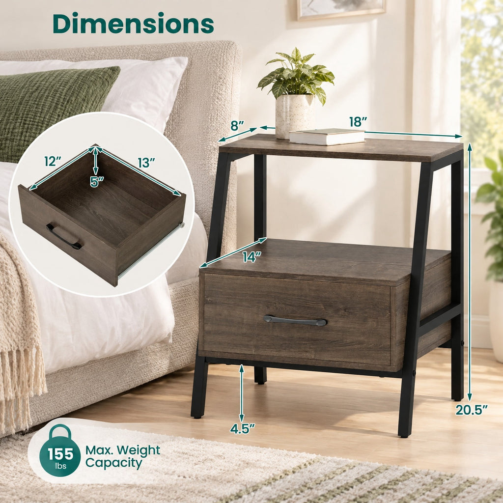 Airfind Farmhouse Nightstand with Drawer and Open Storage, Engineered Wood and Metal End Table for Bedroom and Living Room, Gray