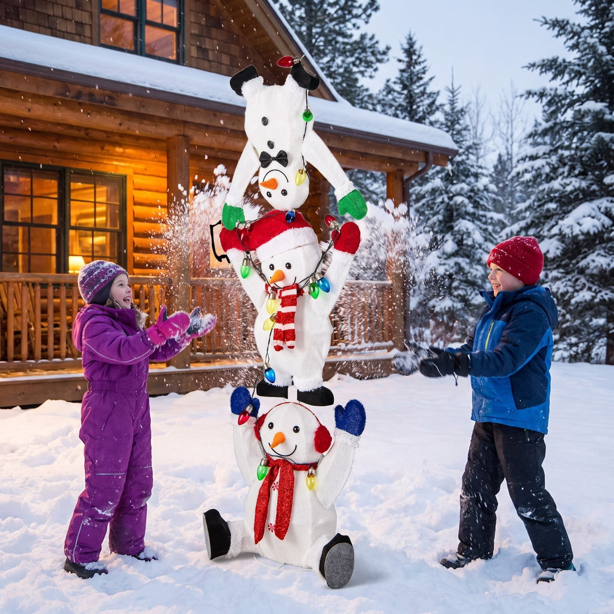 Airfind 5.6 Feet Lighted Stacked Snowmen Christmas Decoration, Plush Fabric Metal Frame, White, Overall Dimensions 1.9 x 1.3 x 5.6 ft (L