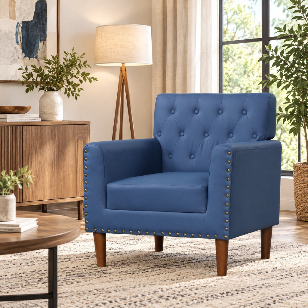 Airfind Mid Century Modern Accent Chair with Button Tufted Decoration and Rivets, 400 lbs Capacity, PVC Leather Sponge Rubber Wood Plywood Frame