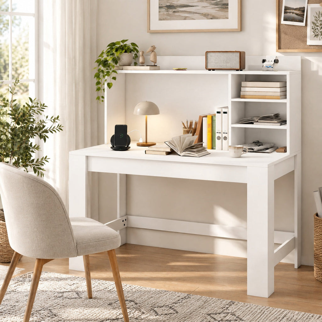 Airfind Modern Computer Desk with Hutch and Storage Shelves, 330 lbs Capacity, MDF Engineered Wood Frame, 42.5 Inch x 23.5 Inch x 49 Inch Storage Footprint