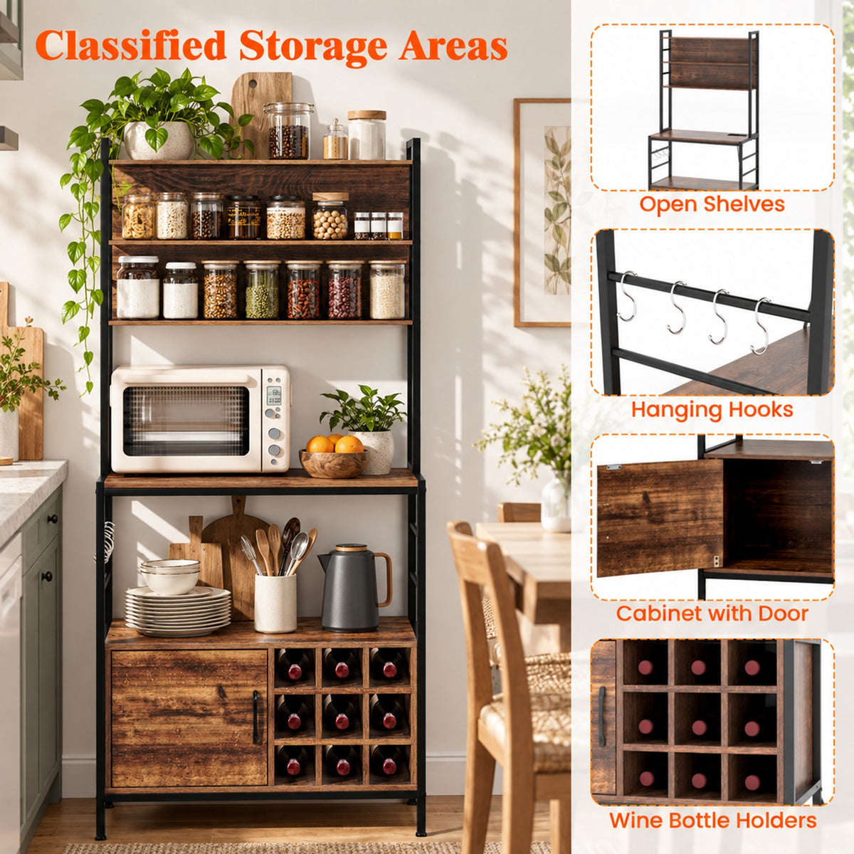 Airfind Coffee Bar Cabinet with S-Shaped Hooks and Wine Bottle Holders, Upper Shelf 44 lbs Capacity, Engineered Wood Metal Frame, Coffee