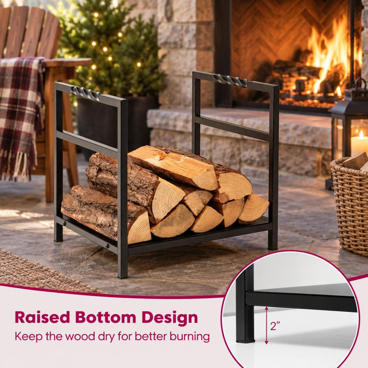 Airfind Firewood Log Rack with Unique Handle and Raised Feet, 110 lbs Capacity, Steel Frame, 16 x 13.5x 14 Footprint, Black