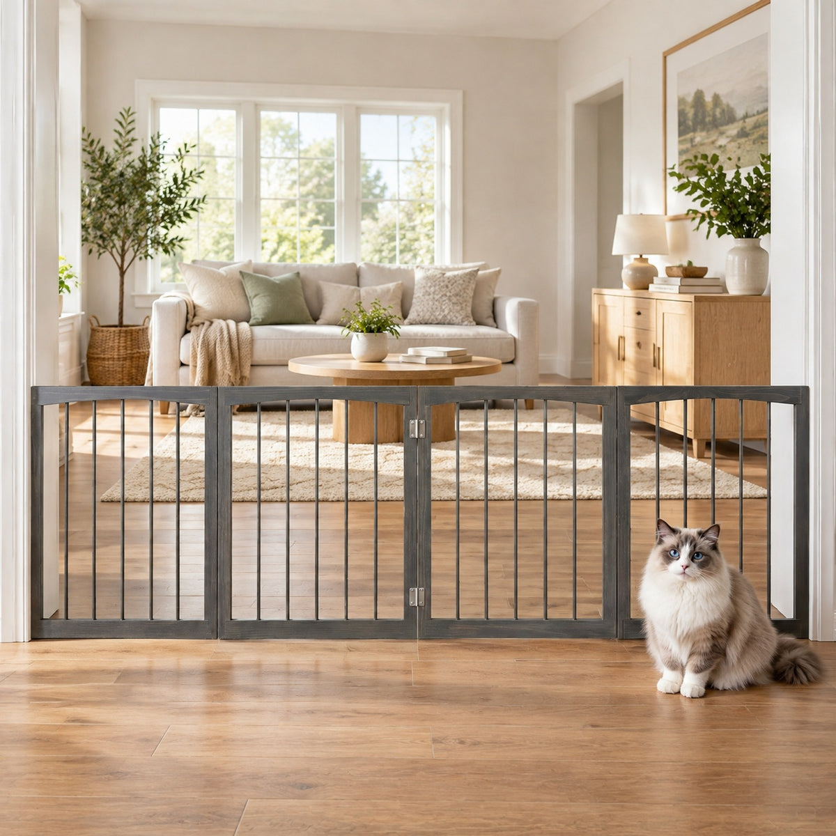 Airfind Wooden Pet Fence, 83 inch L x 30 inch H Dog Gate 4-Panel, for Indoor, Fir Wood Fully Expandable Frame, 21 Inch x 2.2 Inch x 30 Inch Footprint, Gray