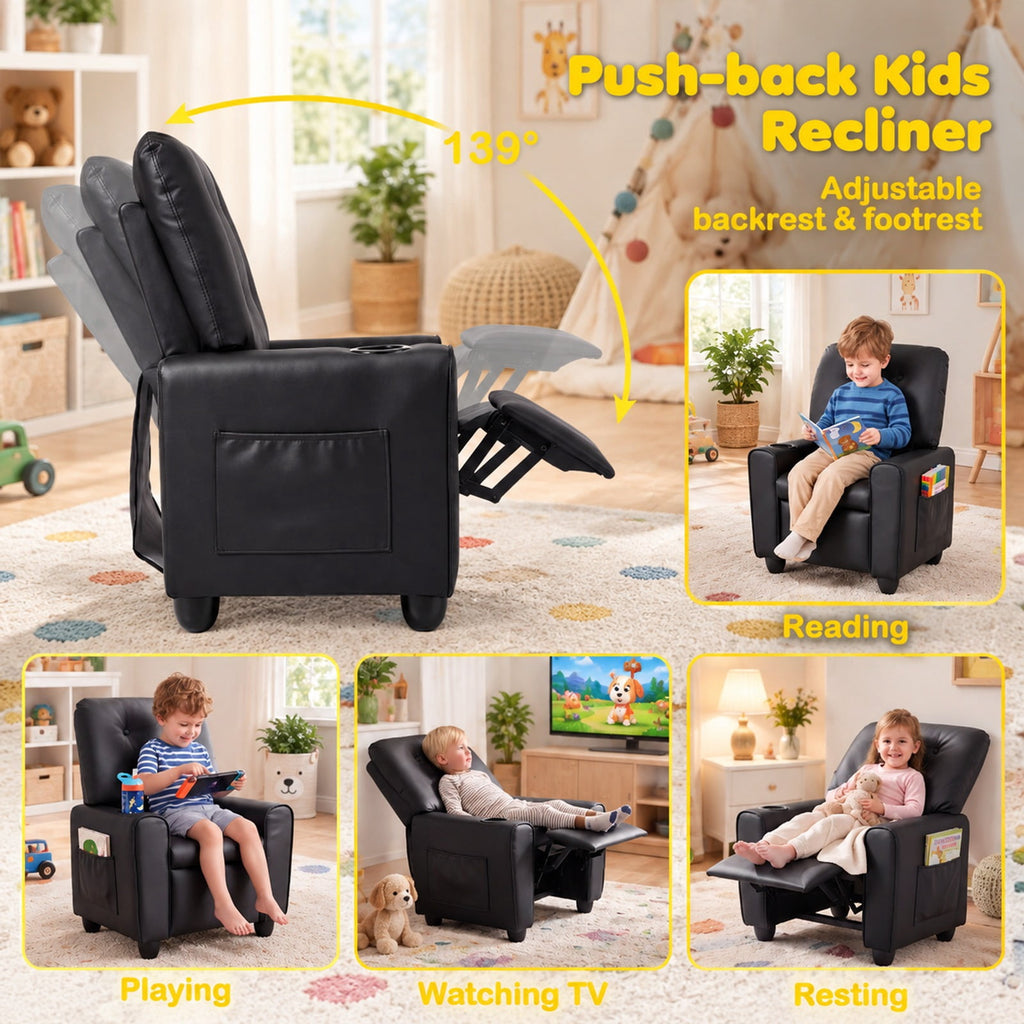 Airfind Youth Recliner Chair with Cup Holder, Side Pocket and Push-Back Footrest, PU Upholstery with Wood, Foam, PU Upholstery, and Metal, Black
