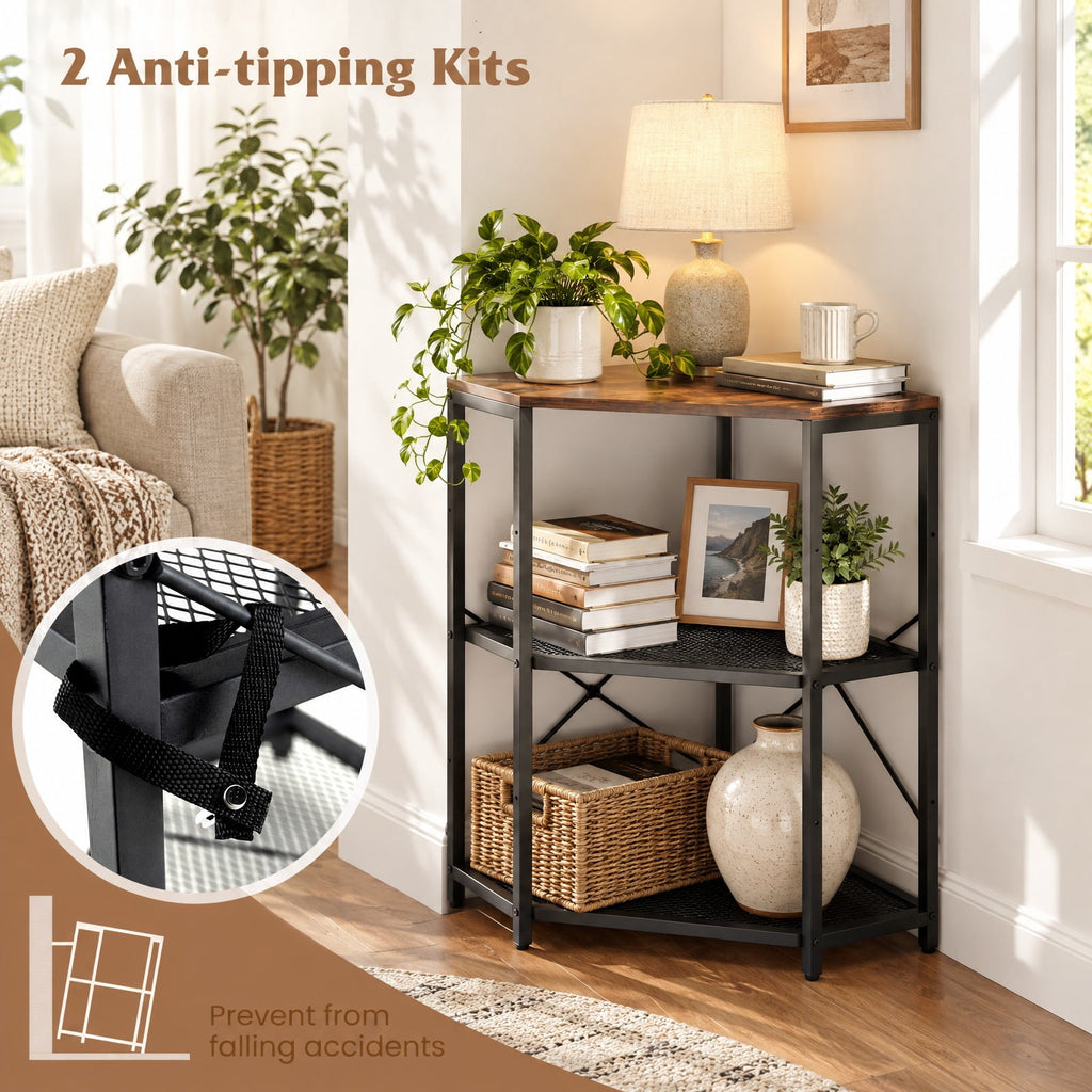 Airfind Corner Printer Stand with Power Outlet 3-Tier Storage Rack with Adjustable Shelf, 70 lbs Capacity, Engineered Wood Metal Frame, Brown