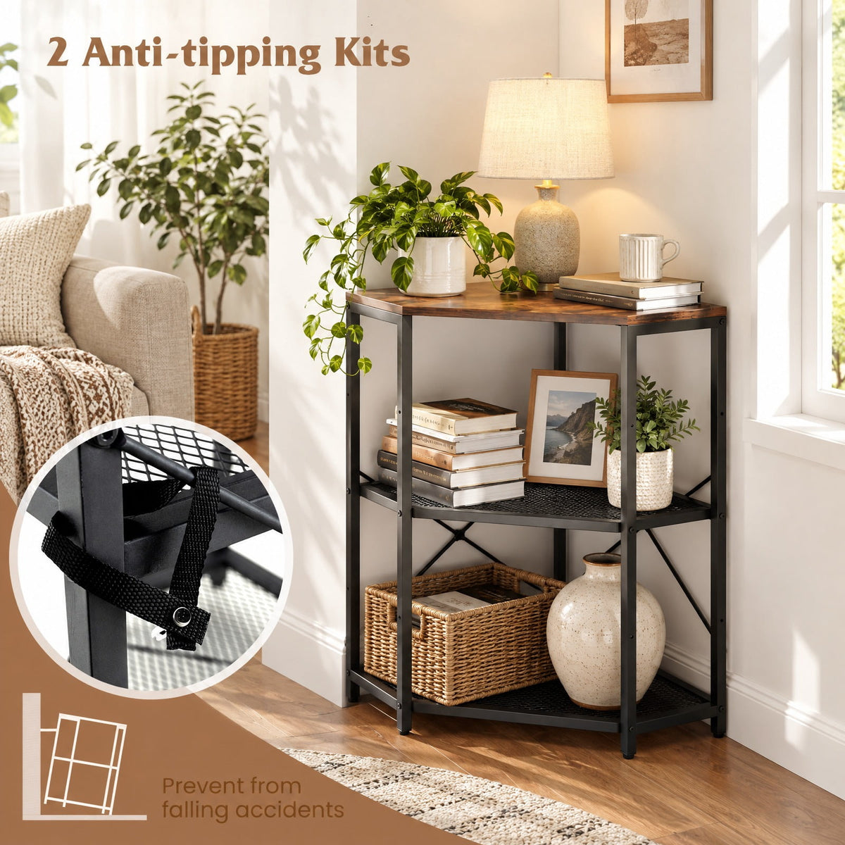 Airfind Corner Printer Stand with Power Outlet 3-Tier Storage Rack with Adjustable Shelf, 70 lbs Capacity, Engineered Wood Metal Frame, Brown