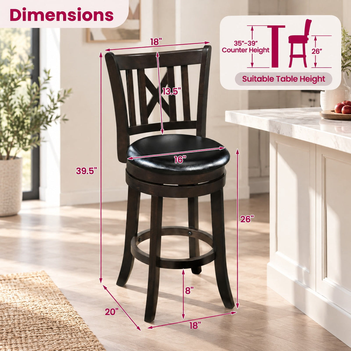 Airfind Set of 4 Bar Stools Swivel Bar Chairs with Hollowed Backrest and Footrest-26 inches, 275 lbs Capacity, 20 Inch x 18 Inch x 39.5 Inch Footprint