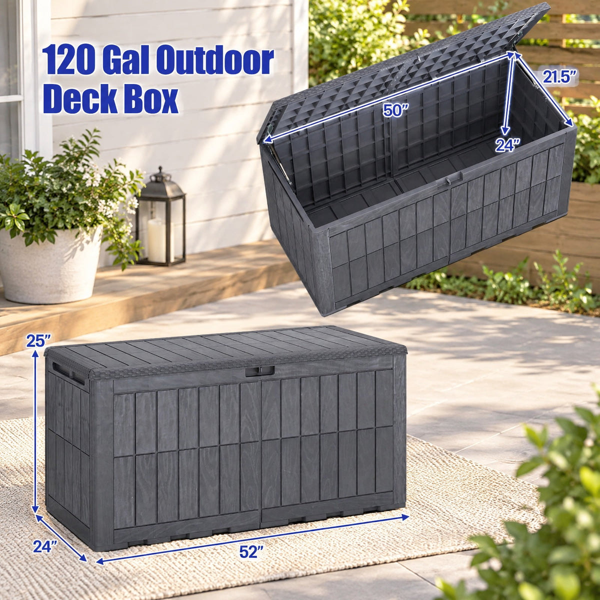Airfind 120 Gal Outdoor Deck Box with Lid and Handles for Garden Tools, 540 lbs Capacity, PP Metal, 52 Inch x 24 Inch x 25 Inch , Gray