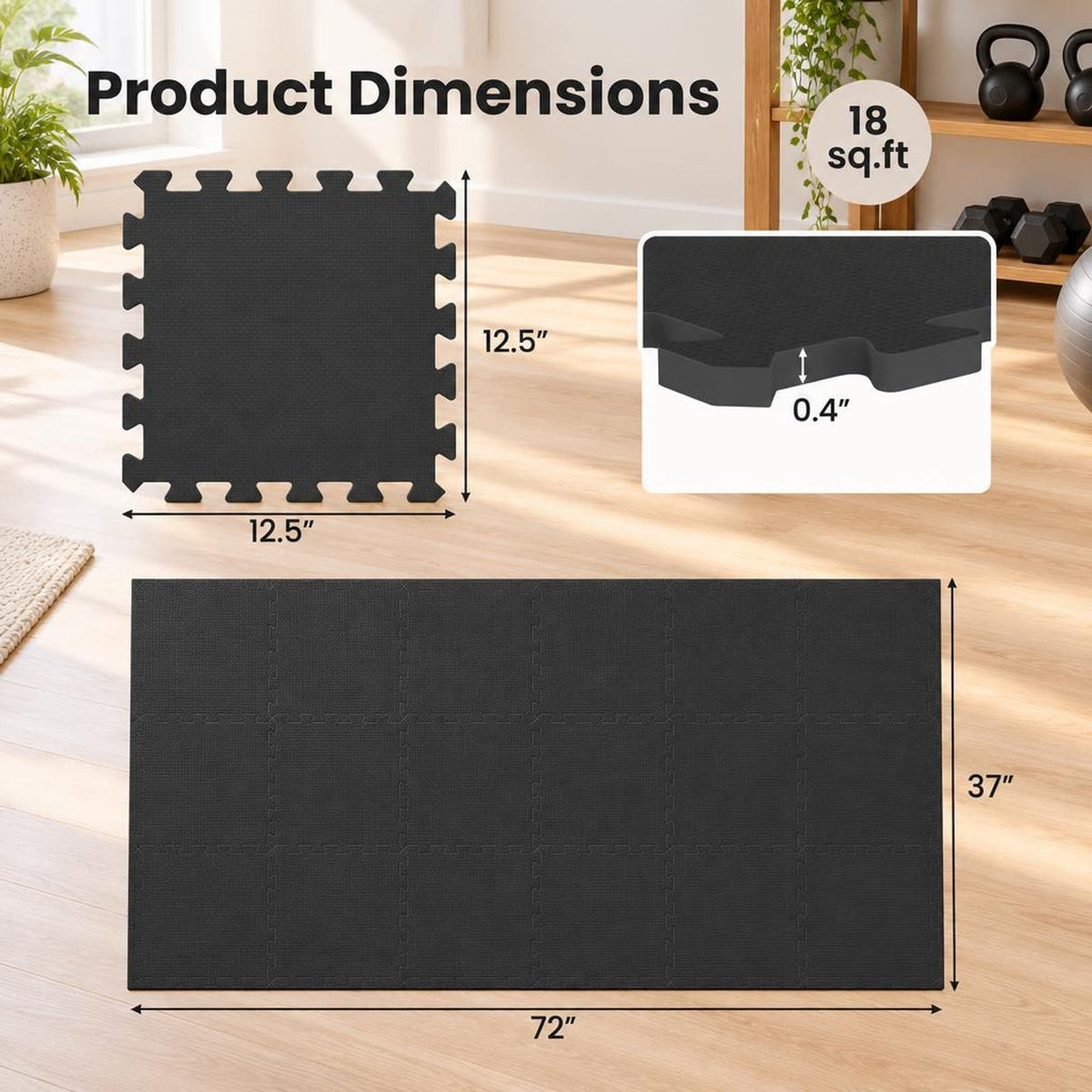 Airfind 18 Pack Interlocking EVA Foam Floor Tiles with Boarders, EVA Foam Frame, 72 Inch x 37 Inch x 0.4 Inch Footprint, Black