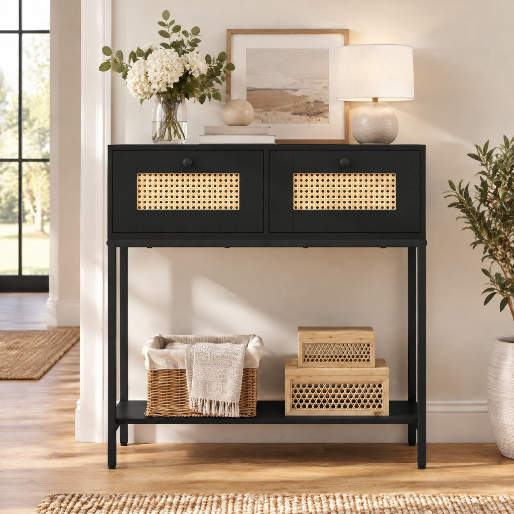 Airfind Rattan Console Table Boho Entryway Table with 2 Rattan Drawers and Open Storage Shelf, 88 lbs Capacity, Black