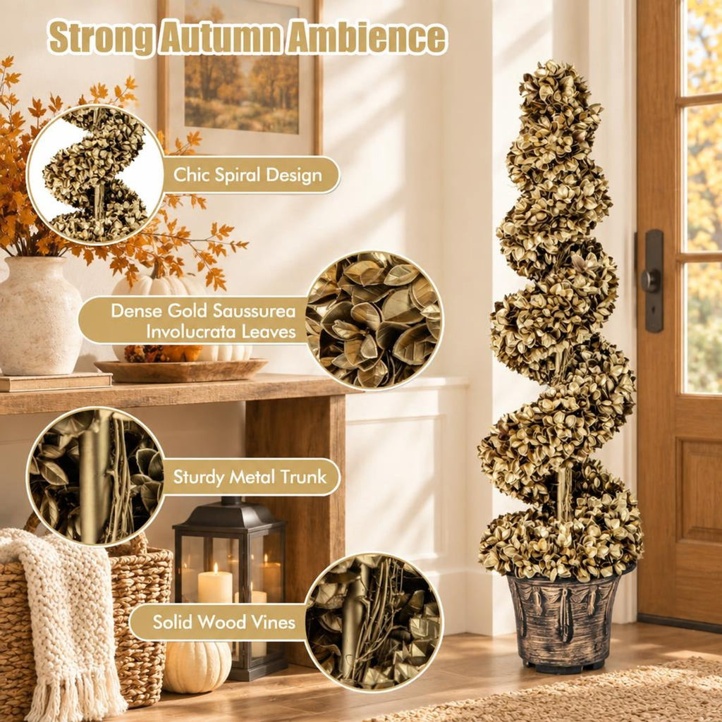 Airfind 4 FT Artificial Topiary Spiral Tree Set of 2 with Vintage Plastic Nursery Pot, PE Metal Cement Foam Tree Height 47 Flower Pot Frame, Gold