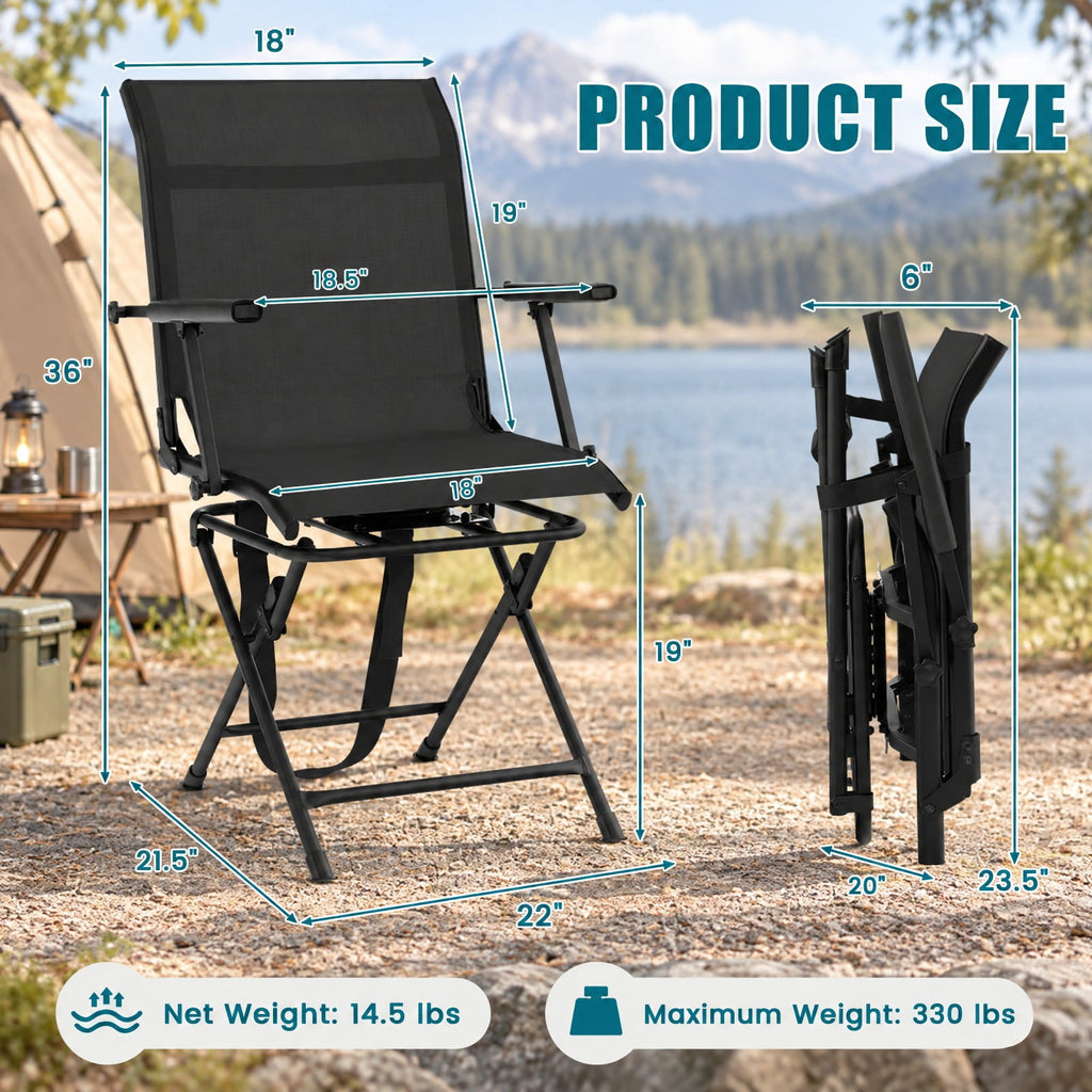 Airfind Foldable Swivel Hunting Chair with Mesh Back, Armrests and Wide Feet, 330 lbs Capacity for Ground Blind and Outdoor Use, Black