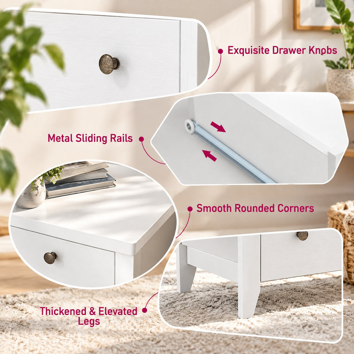 Airfind 3 Drawer Dresser Chest of Drawers Bedside Table, MDF Frame, 28in x 18in x 26in Footprint, White