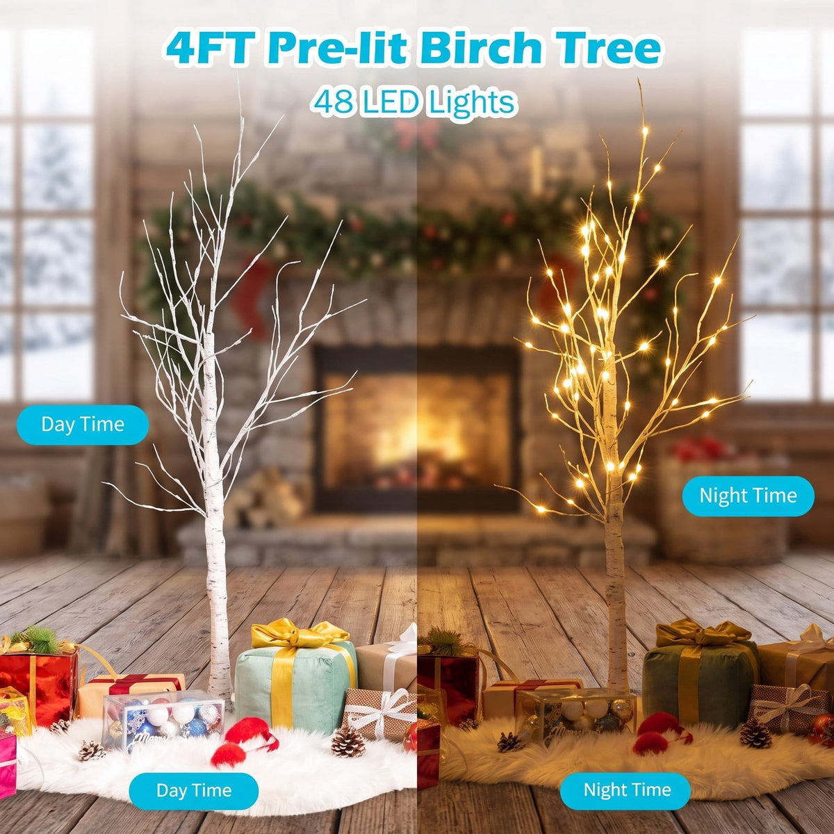 Airfind Pre-lit White Twig Birch Tree for Christmas Holiday with LED Lights-4 ft, metal plastic Height: 4/5/6 ft Frame, White