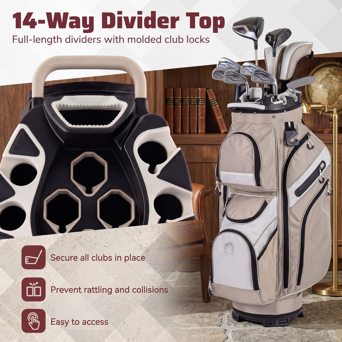 Airfind 14-Way Golf Cart Bag with Molded Lock Top Full-Length Dividers, 11 Pockets, Rain Hood and Umbrella Holder for Men and Women, Khaki