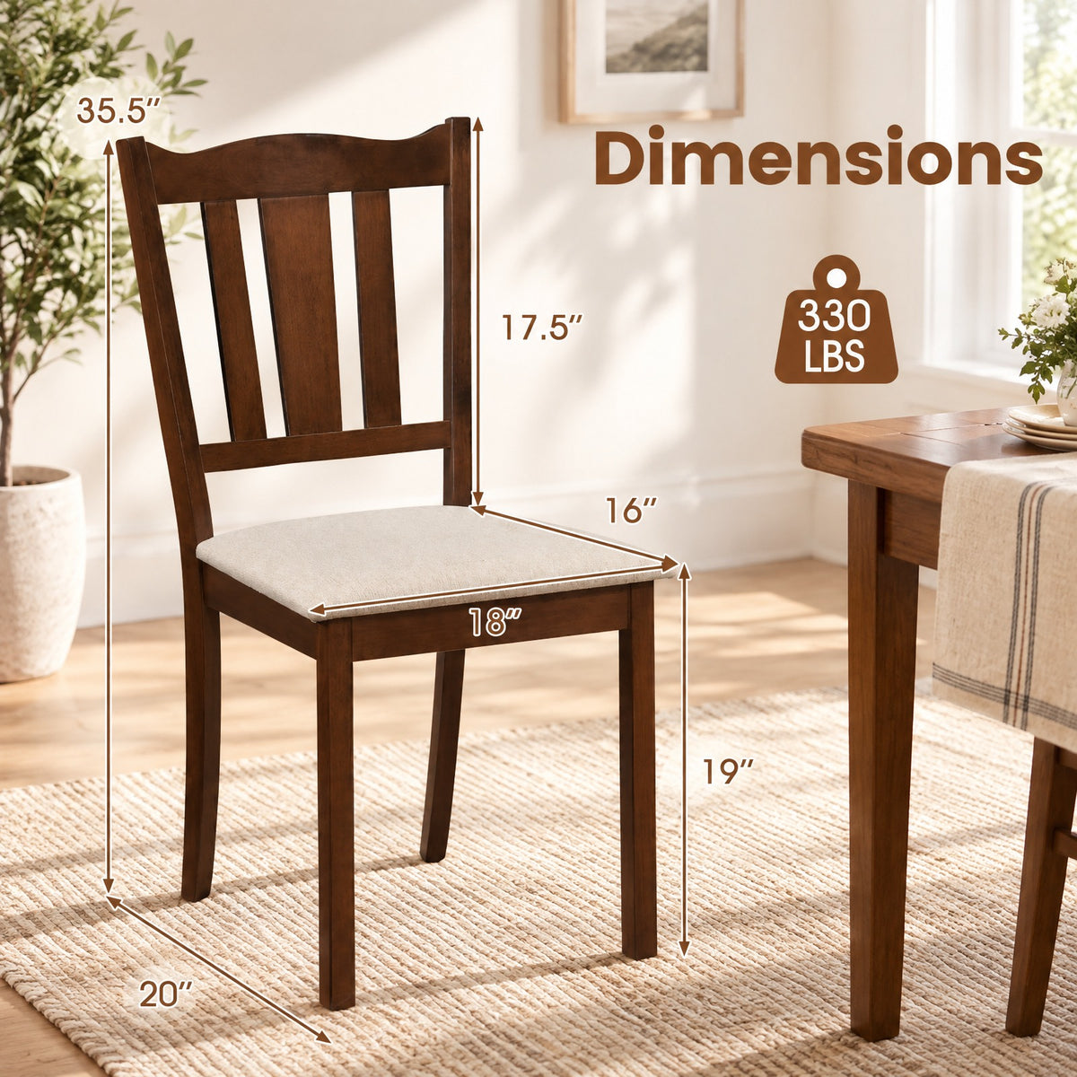 Airfind Set of 2 Wooden Dining Chair with Hollow Back and Soft-padded Cushion, 330 lbs Capacity, Rubberwood Fabric Sponge Engineered Wood Frame