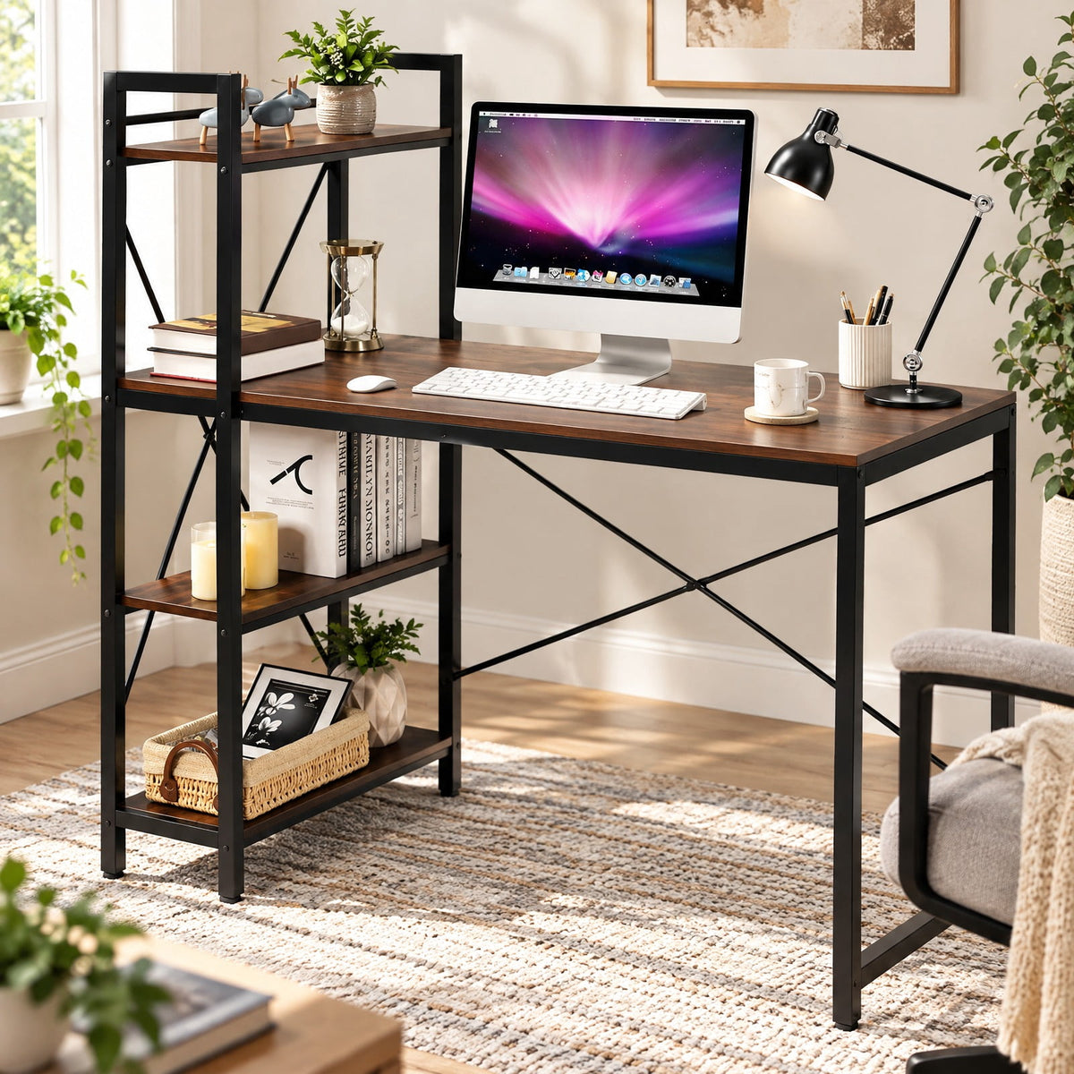 Airfind 47.5 Inch Writing Study Computer Desk with 4-Tier Shelves, P2 MDF Iron Frame, Tan, Product size 47.5in x 24in x 48in (L x W x