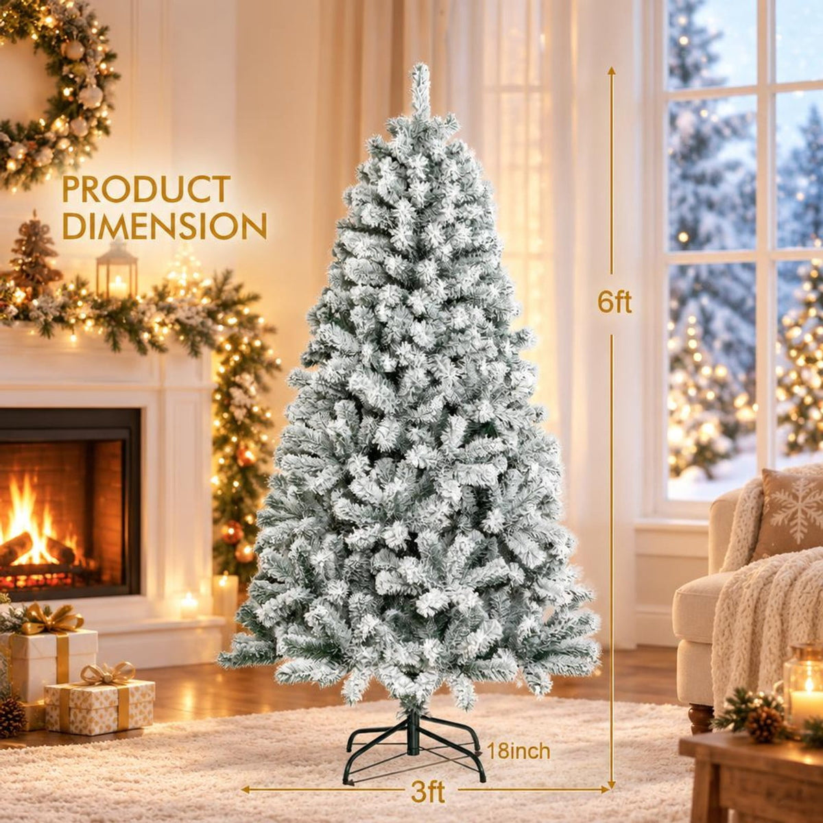 Airfind 6 Feet Artificial Snow Decorated Flocked Hinged Christmas Tree with Metal Stand, White, Diameter of Metal Stand 18 Inch 20 Inch