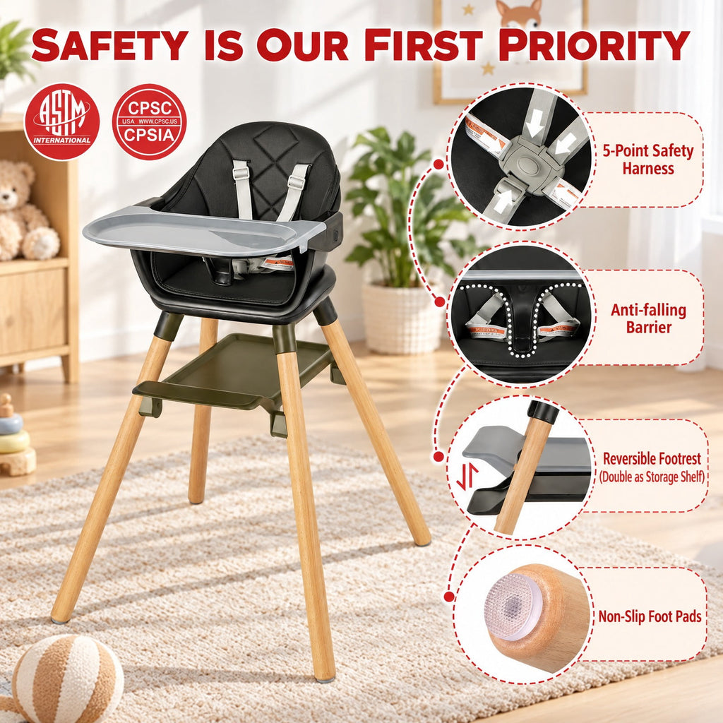 Airfind 6 in 1 Convertible Highchair with Safety Harness and Removable Tray, PP PU Beech Frame, 24.5 x 23 x 35.5 Footprint, Black