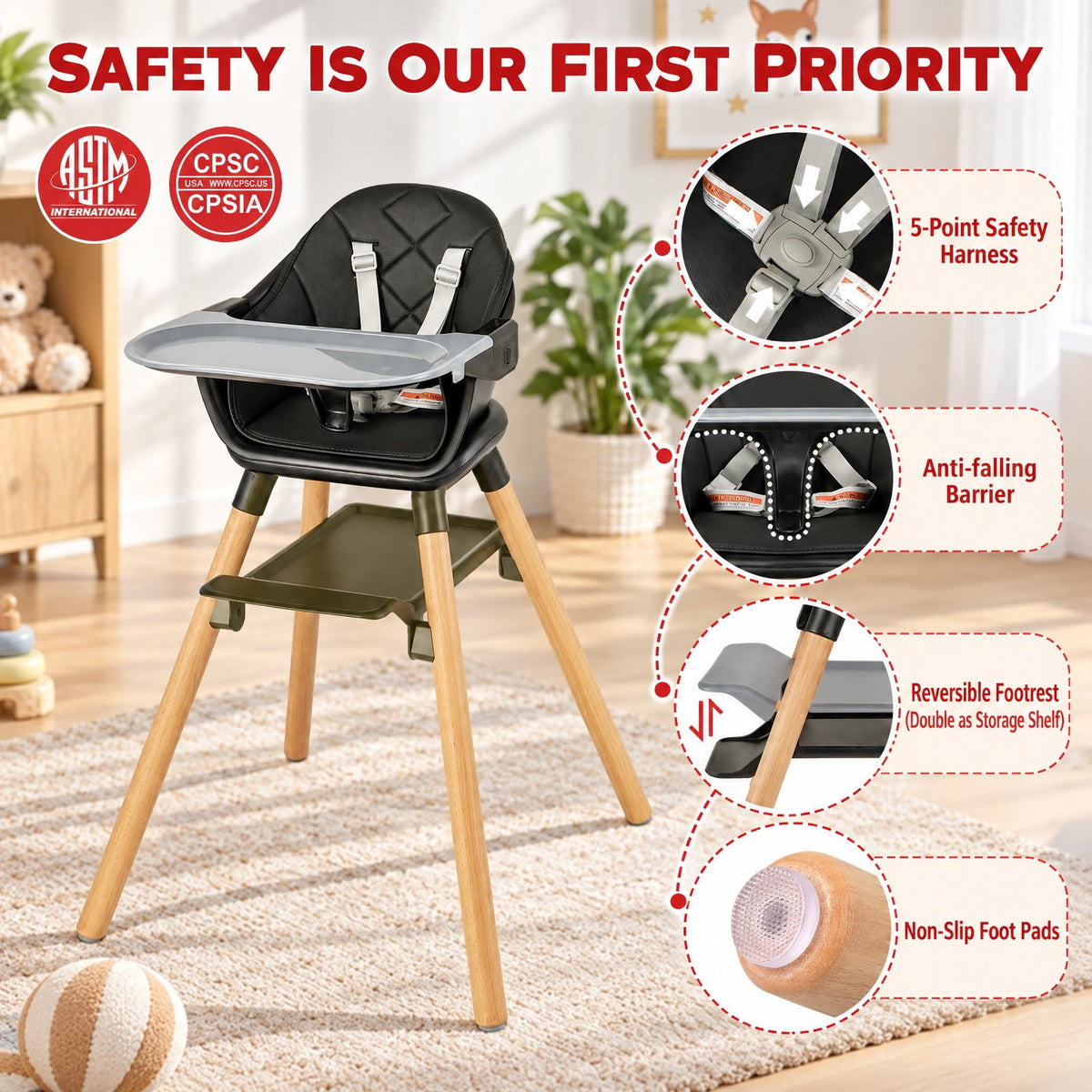 Airfind 6 in 1 Convertible Highchair with Safety Harness and Removable Tray, PP PU Beech Frame, 24.5 x 23 x 35.5 Footprint, Black