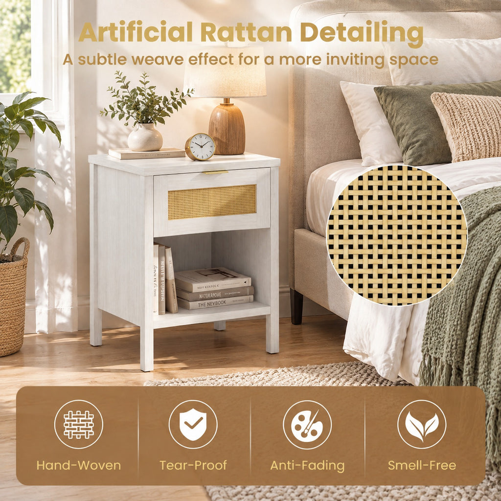 Airfind Rattan Nightstand with Charging Station and Storage Shelf for Bedroom, 88 lbs Capacity, Engineered Wood PVC Rattan Metal Frame, White