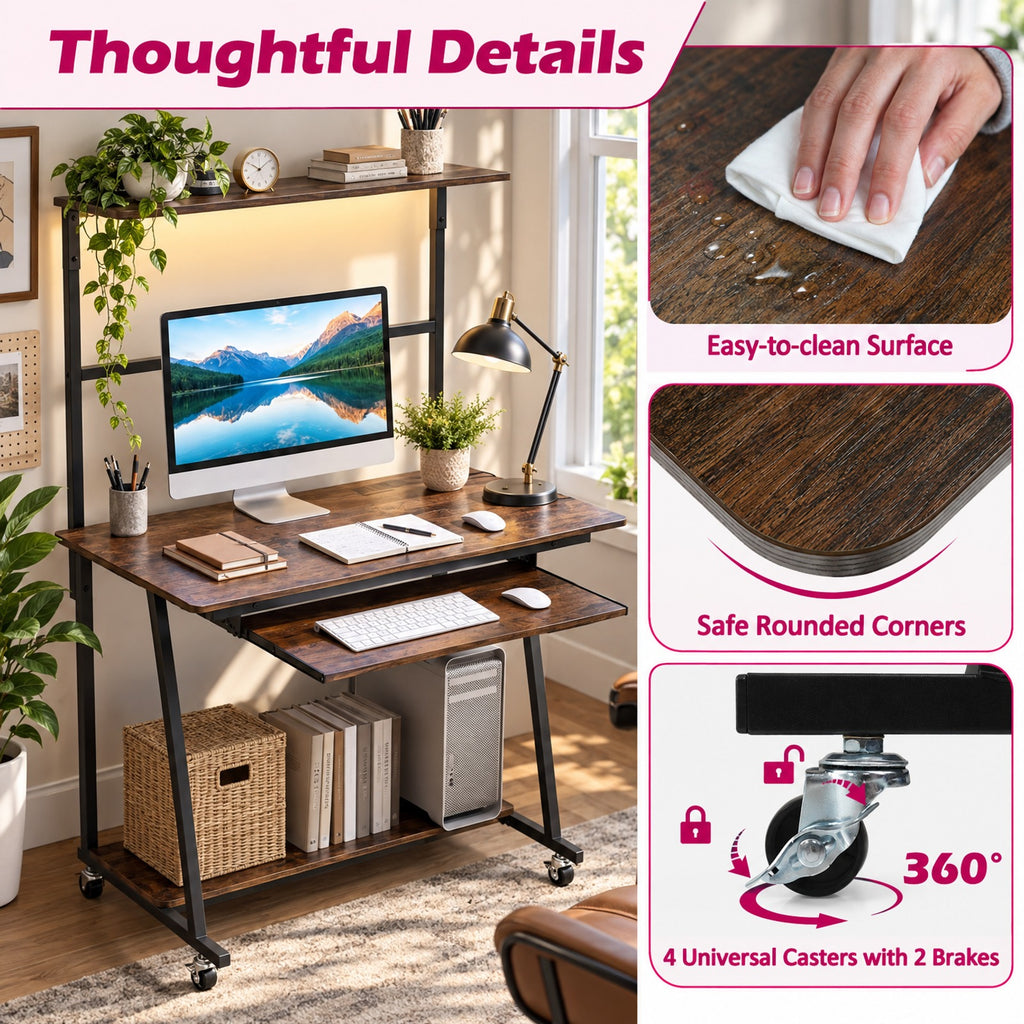 Airfind Small Computer Desk with Charging Station and LED Lights and Wheels, 165 lbs Capacity, Metal Engineered Wood Frame, Brown