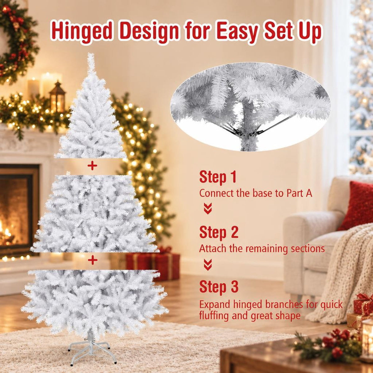 Airfind 6 / 7.5 / 9 Hinged Artificial Christmas Tree with Metal Stand-7.5 ft, PVC iron Frame, φ 3.8 ft x 6 ft Footprint, White
