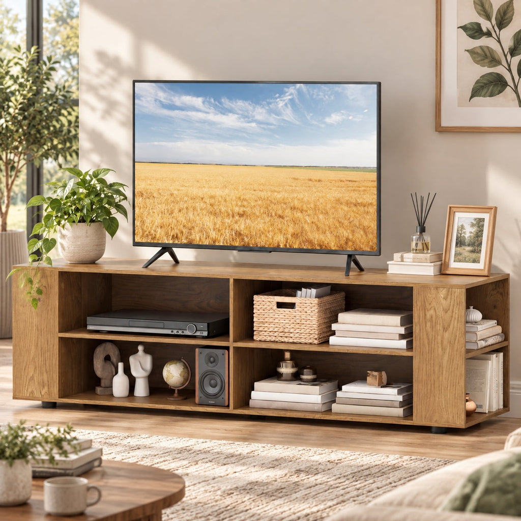 Airfind 59 Inch Console Storage Entertainment Media Wood TV Stand, 110 Lbs Capacity, Engineered Wood MDF Plastic, Walnut